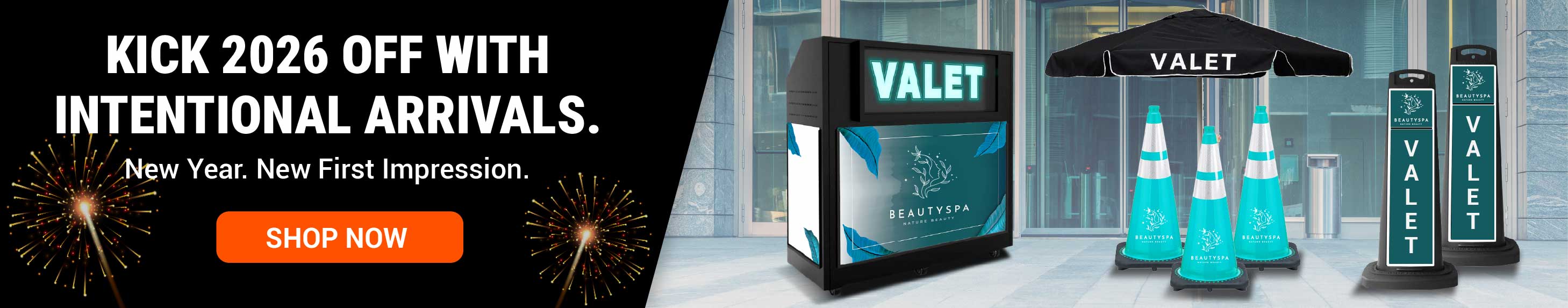 Start 2026 prepared with SD2K Valet products including valet podiums, stanchions, signage, and traffic flow solutions for professional curbside operations