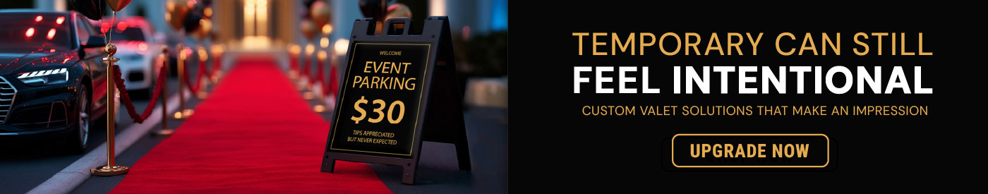 Red carpet event entrance with stanchions, luxury cars, and a sign reading “Event Parking $30.” Text reads “Temporary Can Still Feel Intentional” with an Upgrade Now button.