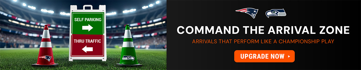 Wide stadium banner featuring a football field background with red and green branded traffic cones and a vertical parking sign directing self parking and thru traffic, headline text reading “Command the Arrival Zone,” subtext about championship level arri