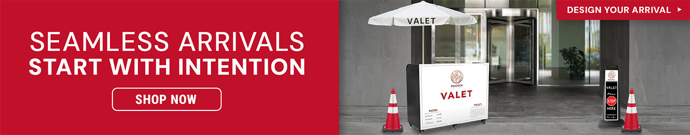 Modern building entrance with a valet podium under an umbrella, traffic cones, and valet signage. Text reads “Seamless Arrivals Start With Intention” with a Shop Now button.