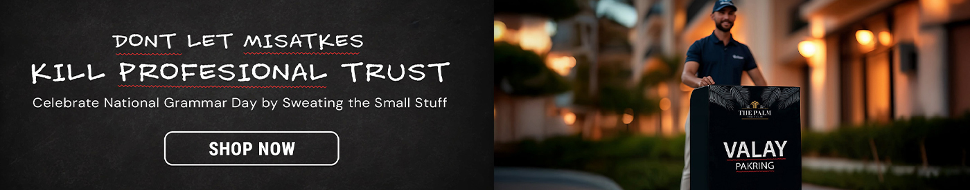 Banner reading “Don’t Let Mistakes Kill Professional Trust” next to a valet attendant standing behind a branded valet podium at a residential or hotel entrance. A Shop Now button appears on the left.