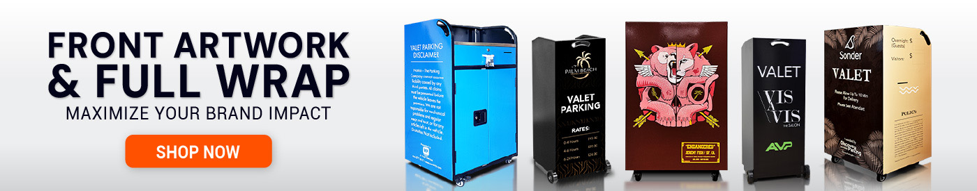 Custom valet podiums from SD2K Valet featuring front artwork and full wrap options. Designed to showcase branding, communicate policies, and elevate curbside presentation for valet, hospitality, and events.