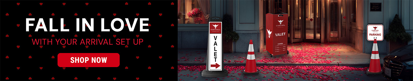 Valentine’s themed banner with black background and red heart accents reading “Fall in Love With Your Arrival Set Up” and a Shop Now button. On the right, a luxury hotel entrance with red rose petals on the ground, a red valet podium, valet sign panel, pa