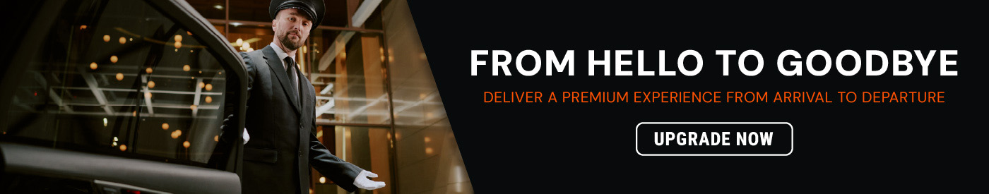 Professional valet attendant in uniform opening a car door at a hotel entrance. Text reads “From Hello to Goodbye. Seamless Arrivals and Departures” with a Shop Now button.