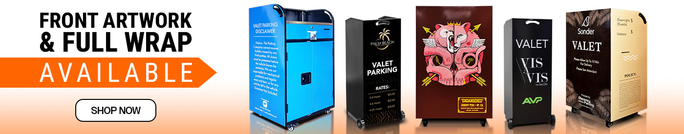 Custom wrapped valet podium featuring full color graphics, company logo, and professional branding for hotels, restaurants, and events