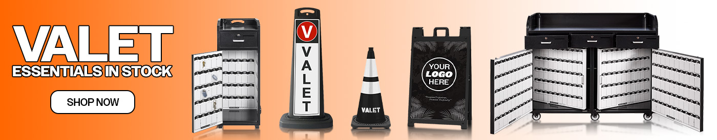 Complete valet essentials including podiums, key boxes, signage, and traffic control gear designed for professional valet parking services at hotels, restaurants, and events