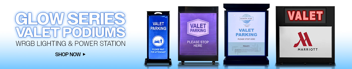 Glow Series valet podium with illuminated front panel and custom branding, designed to create a standout professional look for hotels, restaurants, and event venues