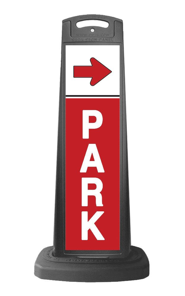Valet Black Vertical Sign - Red PARK & Arrow Message