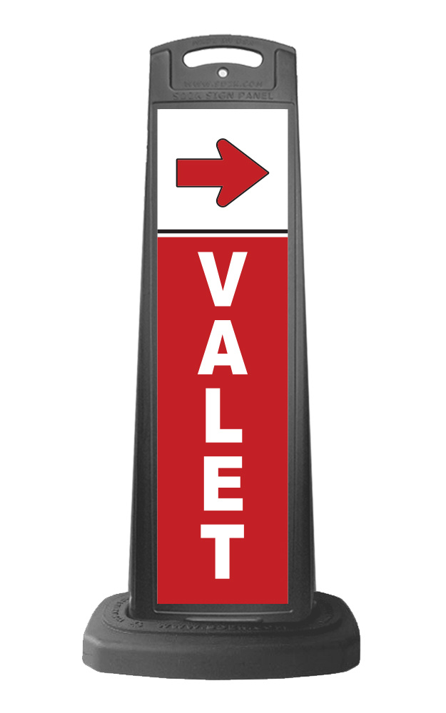 Valet Black Vertical Sign w/Red Background & Arrow Message