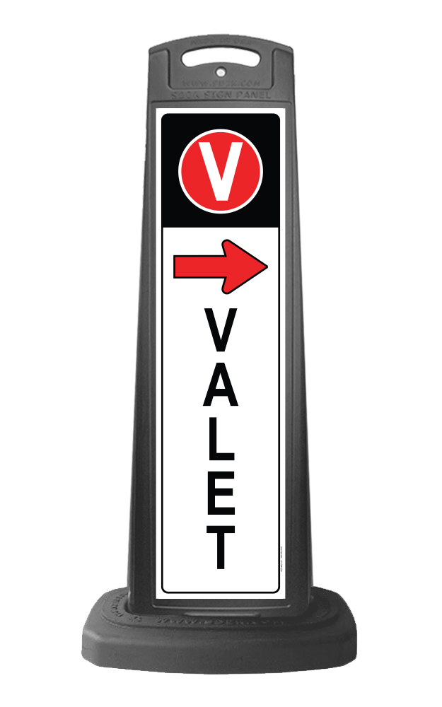 Black Vertical Sign w/Valet & Red Arrow Message